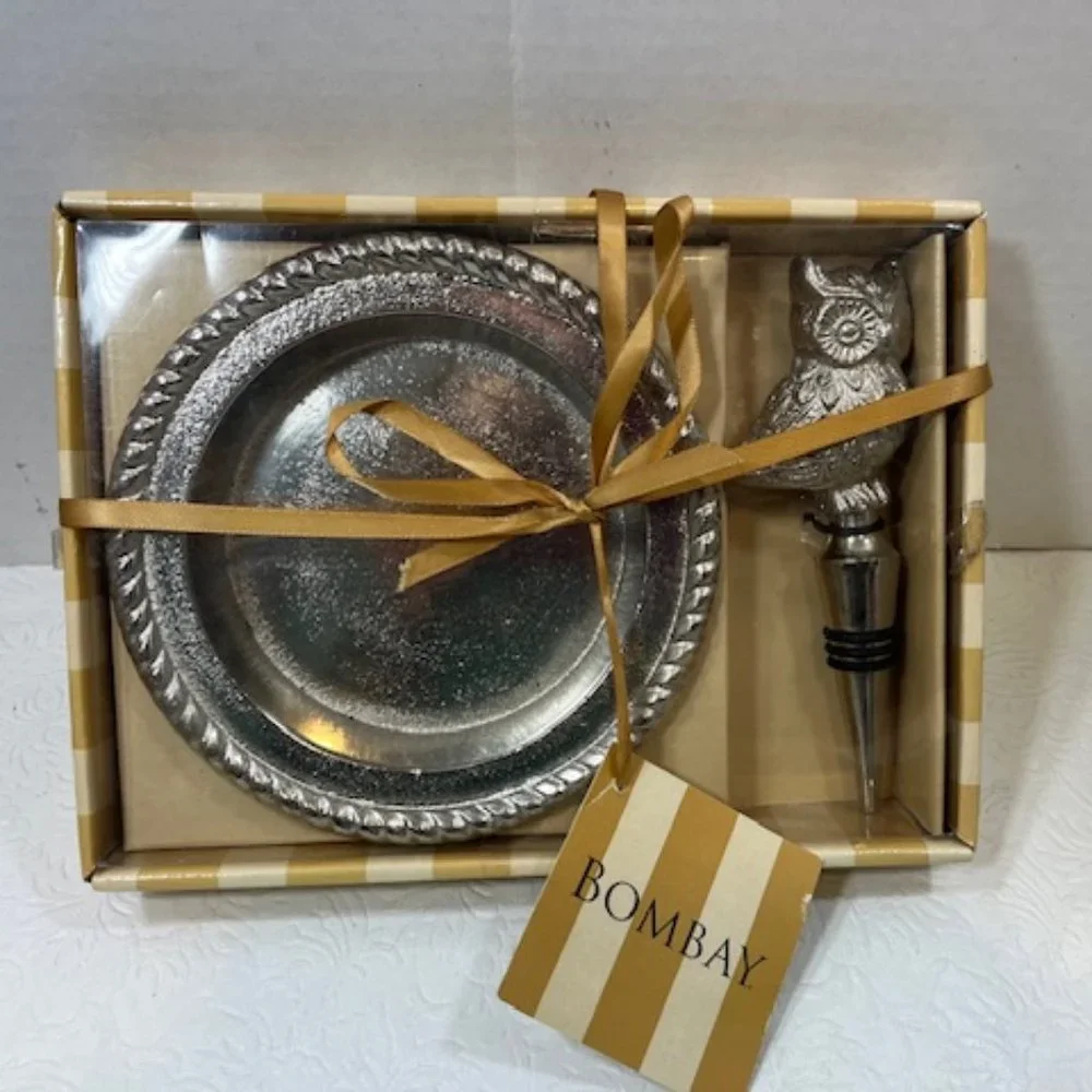 NEW Bombay 2-Piece Owl Wine Bottle Stopper & Coaster Set Nickel- Finish Gift Set